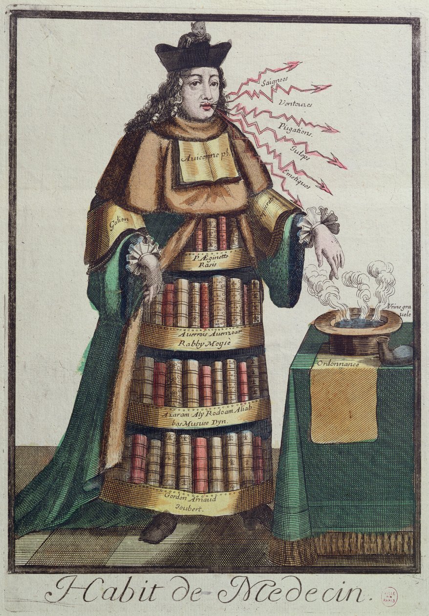 El Doctor, un diseño de vestuario alegórico, basado en una imagen grabada por uno de la familia Larmessin, c.1640-84 de French School