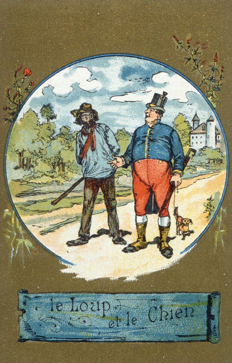 El perro y el lobo, de Fábulas de Jean de La Fontaine (1621-95) de French School