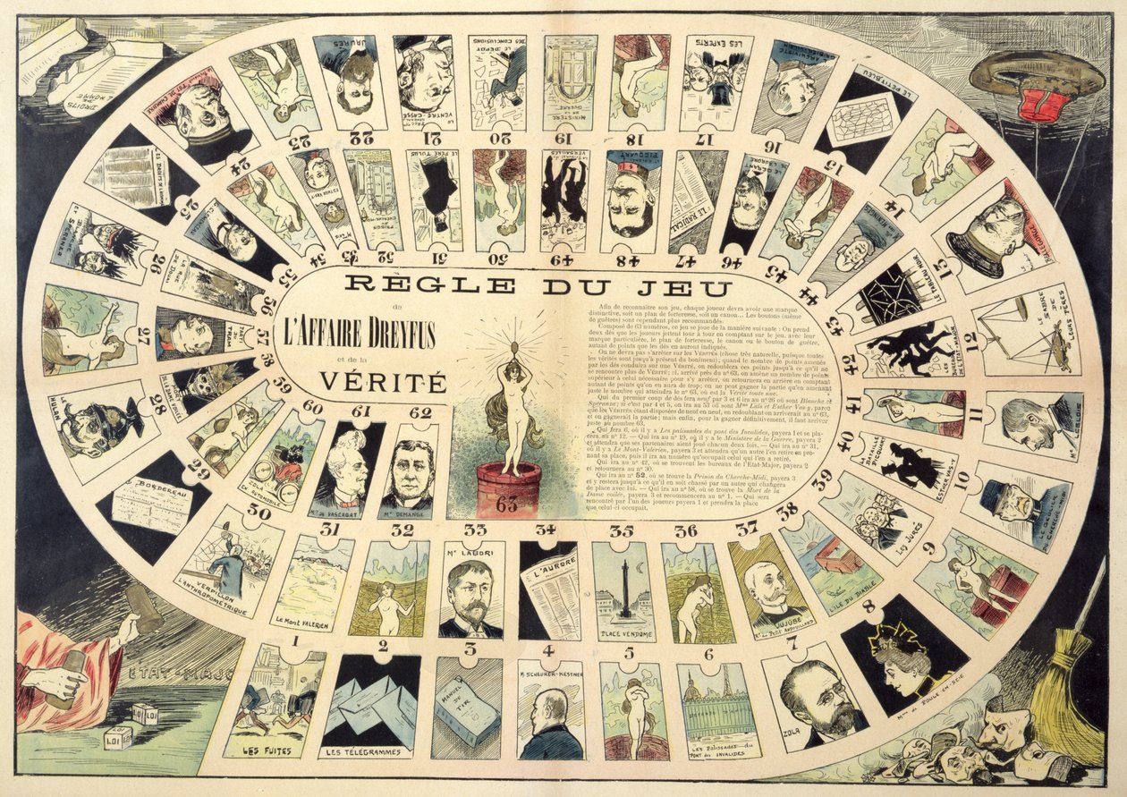 El juego del caso Dreyfus, con retratos de los diversos individuos involucrados, finales del siglo XIX de French School