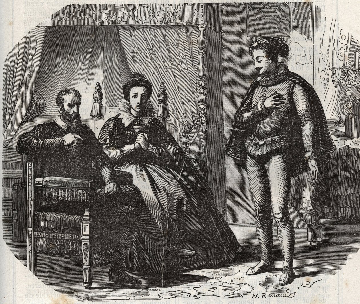 La duquesa de Cléveris, María von Julich duquesa de Juliers y Berg (1491-1543), se entera de la disolución del matrimonio entre su hija, Ana de Cléveris (1515-1557), y el rey de Inglaterra Enrique VIII (1491-1547) en 1540. Grabado de 1871 en “Histoire Des  de French School
