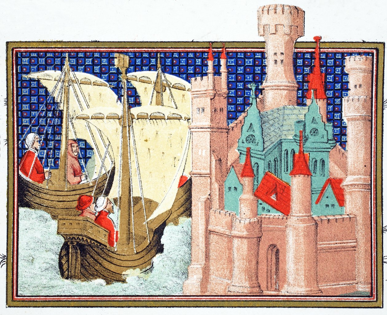 El Duque de Salisbury llegando al Castillo de Conway desde Irlanda, copia facsímil de Le Prinse et Mort du Roy Richart por Jean Creton, reimpreso en el siglo XIX de French School