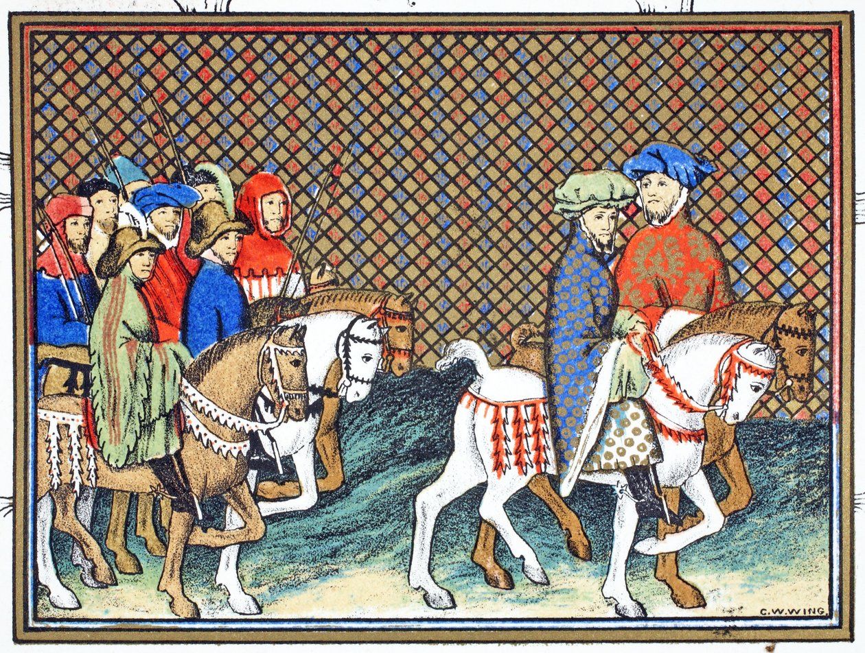 Los Duques de Exeter y Surrey enviados por Ricardo II desde el Castillo de Conway a Chester para tratar con el Duque de Lancaster, copia facsímil de Le Prinse et Mort du Roy Richart por Jean Creton, reimpreso en el siglo XIX de French School