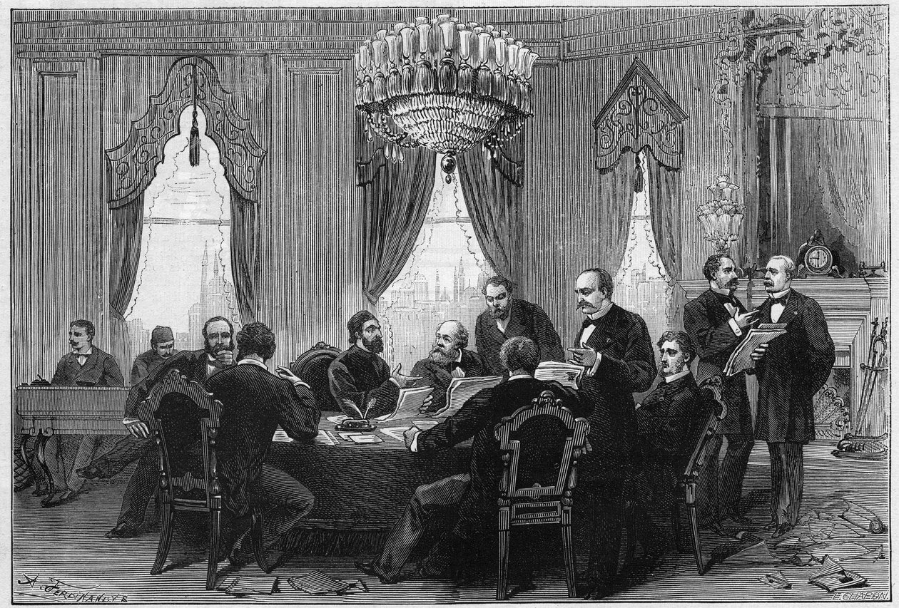 La Guerra del Este (1875-1878) también llamada la Guerra Ruso-Turca: diplomáticos reunidos en la Conferencia Plenaria de Constantinopla en el Palacio de la Almirantazgo el 23 de diciembre de French School