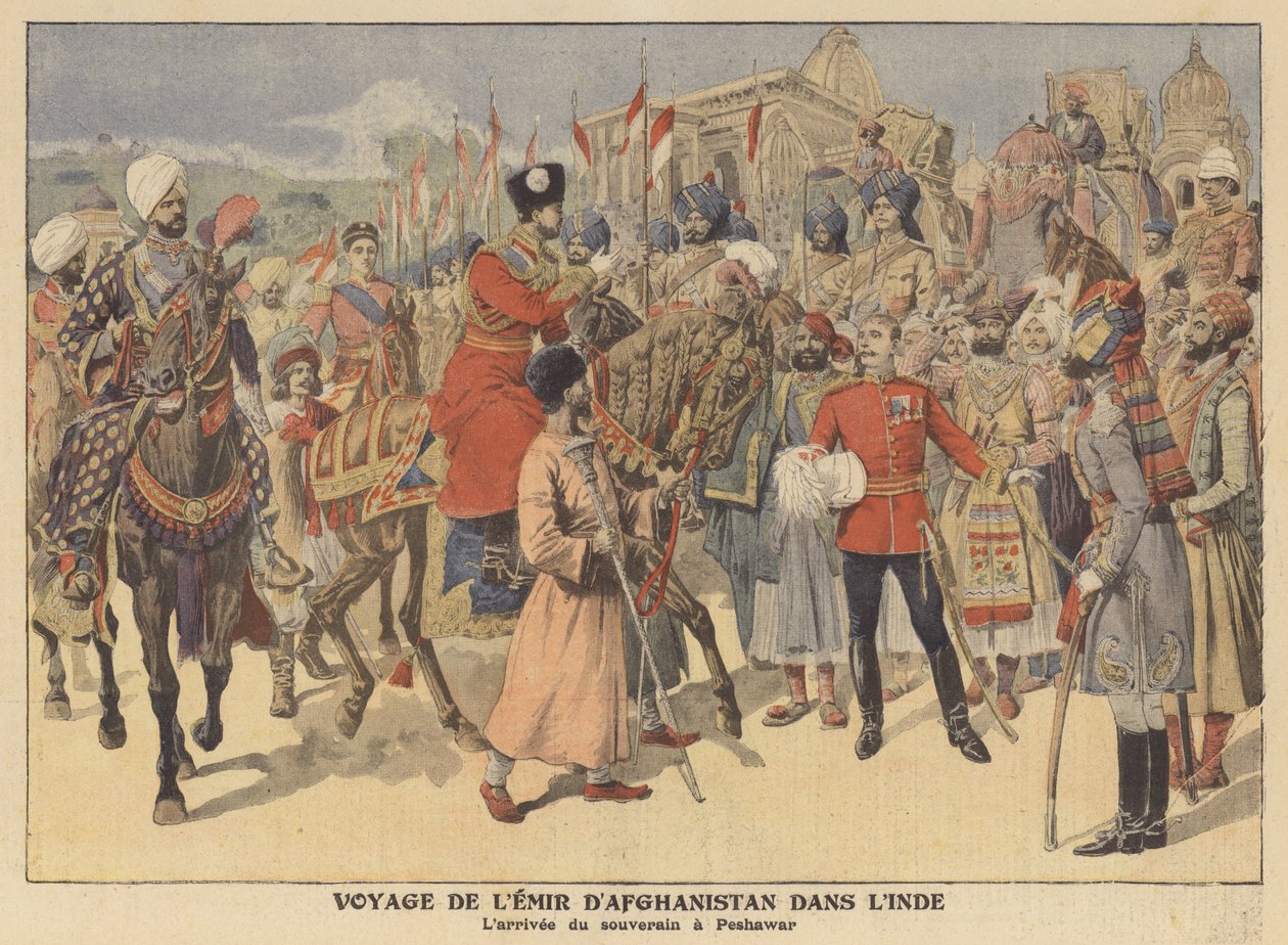 El Emir de Afganistán llega a Peshawar en visita a la India (litografía en color) de French School