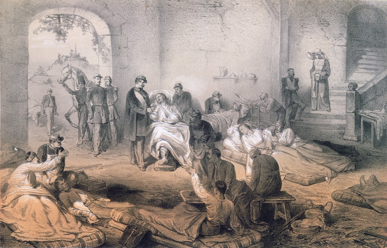 El Emperador Napoleón III visitando a los soldados heridos después de la Batalla de Solferino, 24 de junio de 1859 de French School