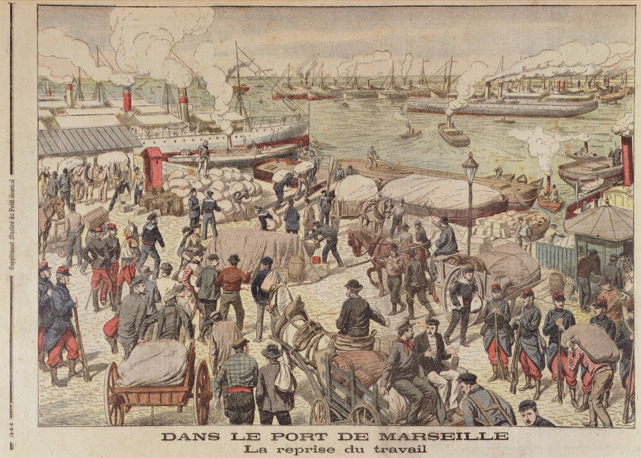 El fin de la huelga en Marsella, ilustración de Le Petit Journal, 23 de octubre de 1904 de French School