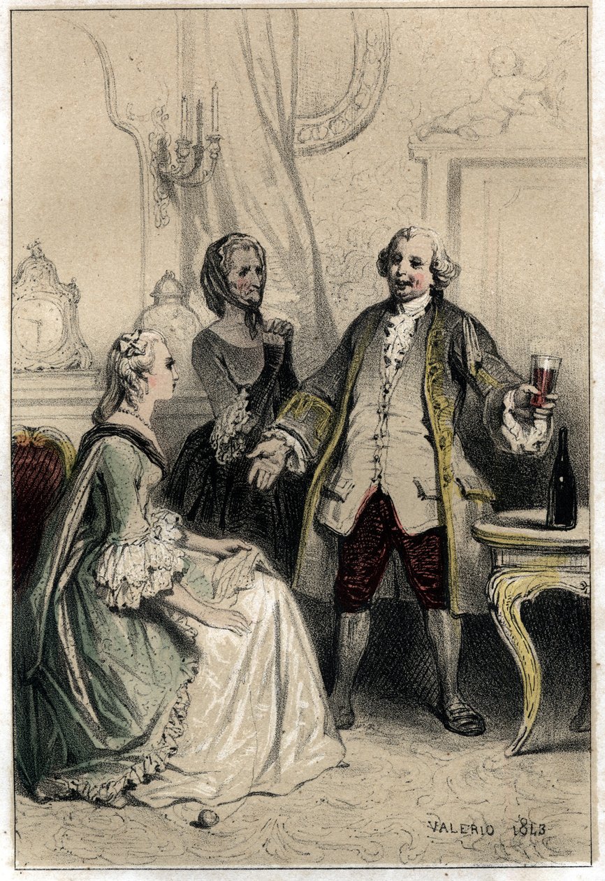 El comediante inglés David Garrick (1717-1779), disfrazado de cochero, irrumpe en una duquesa ansiosa por él para intentar razonar con ella y convencerla de la absurdidad de su amor por él. Placa tomada de "Escenas de la vida de hombres famosos" grabado en de French School
