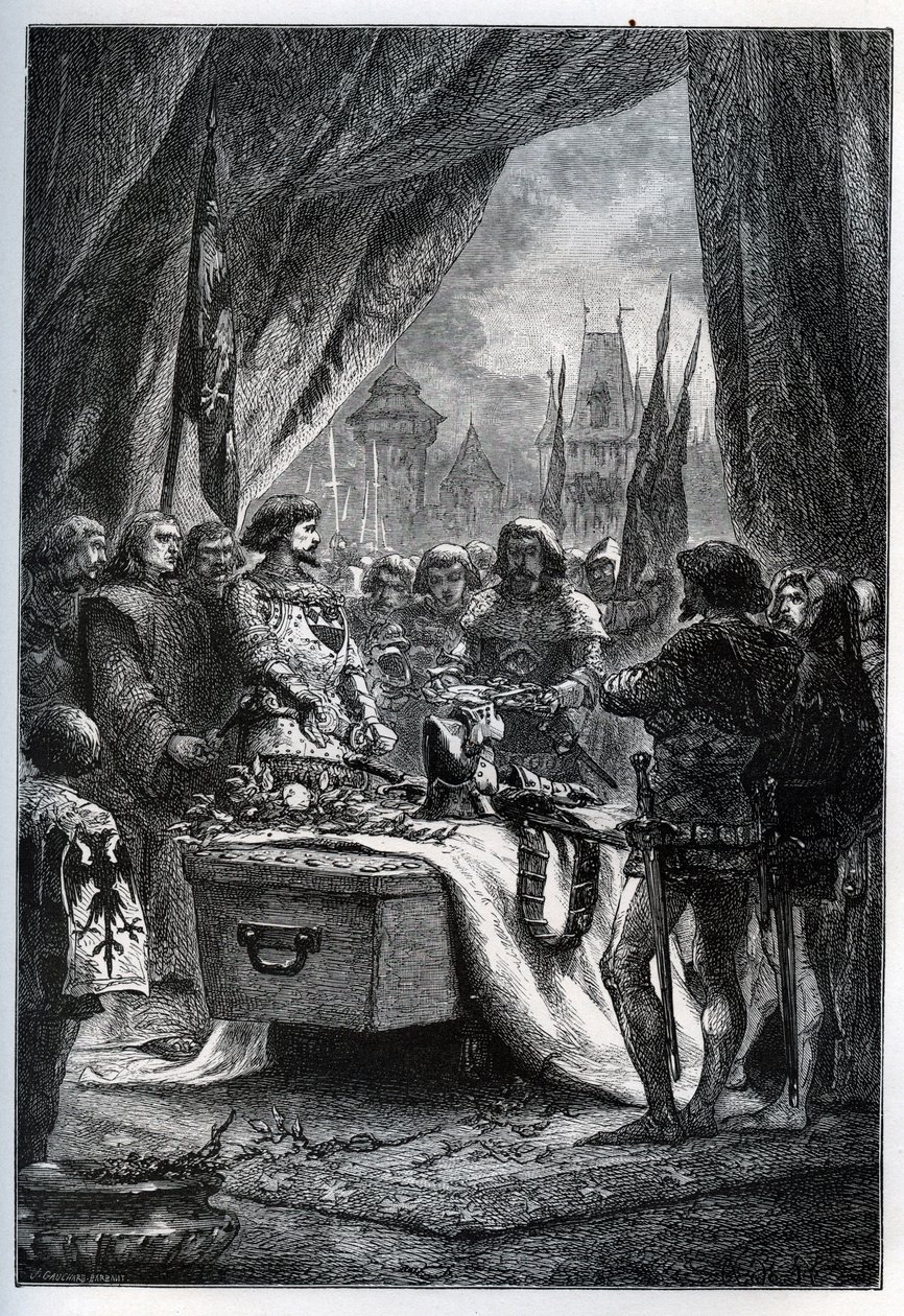 El gobernador inglés de Chateauneuf de Randon se rindió y vino a depositar las llaves de la plaza en el ataúd de Bertrand du Guesclin (1320-1380), el 13 de julio de 1380 frente a quien la ciudad estaba sitiando. de French School