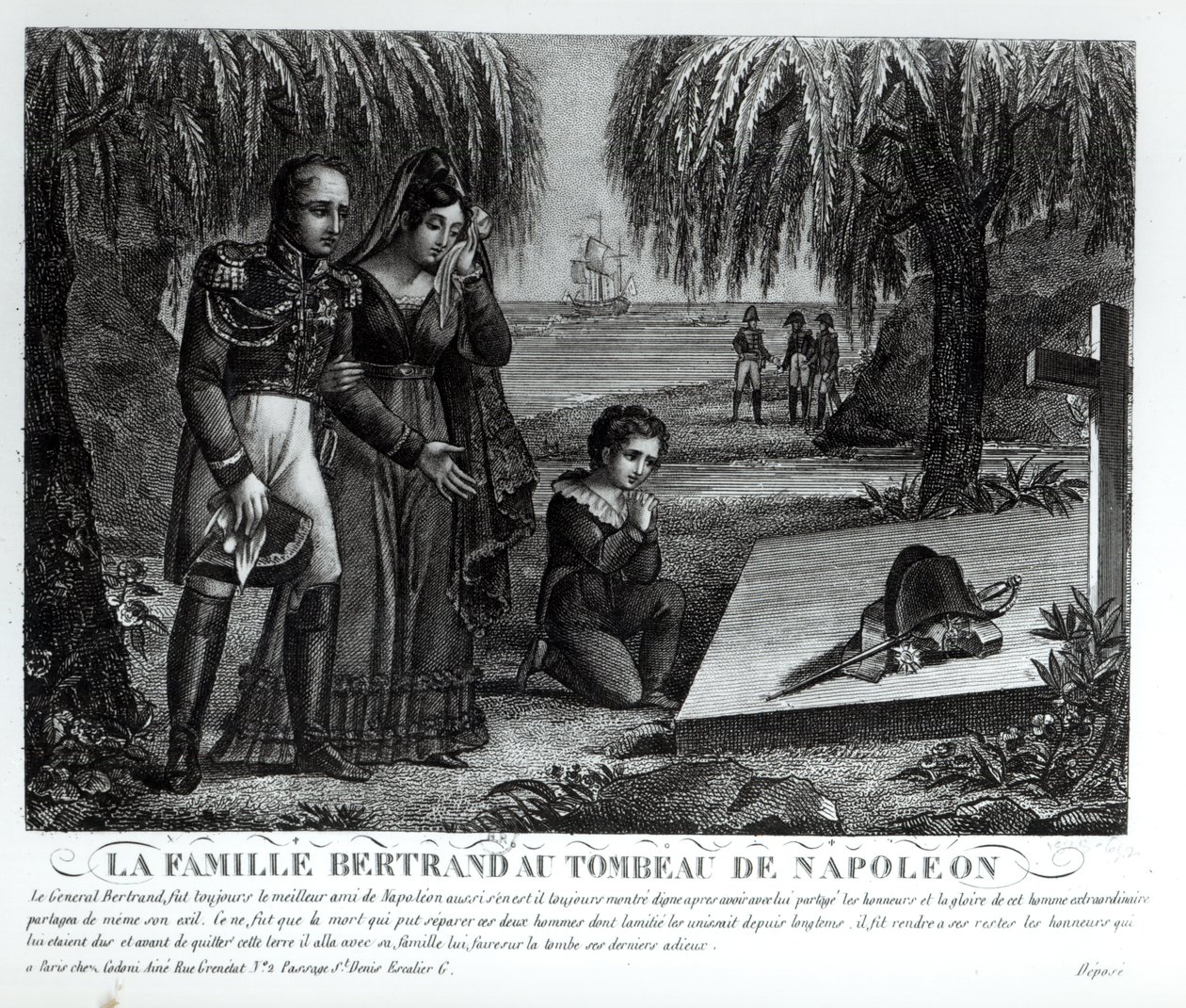 La familia del General Henri-Gratien Bertrand (1773-1844) en la tumba de Napoleón Bonaparte (1769-1821) 1821 (litografía) (foto en blanco y negro) de French School