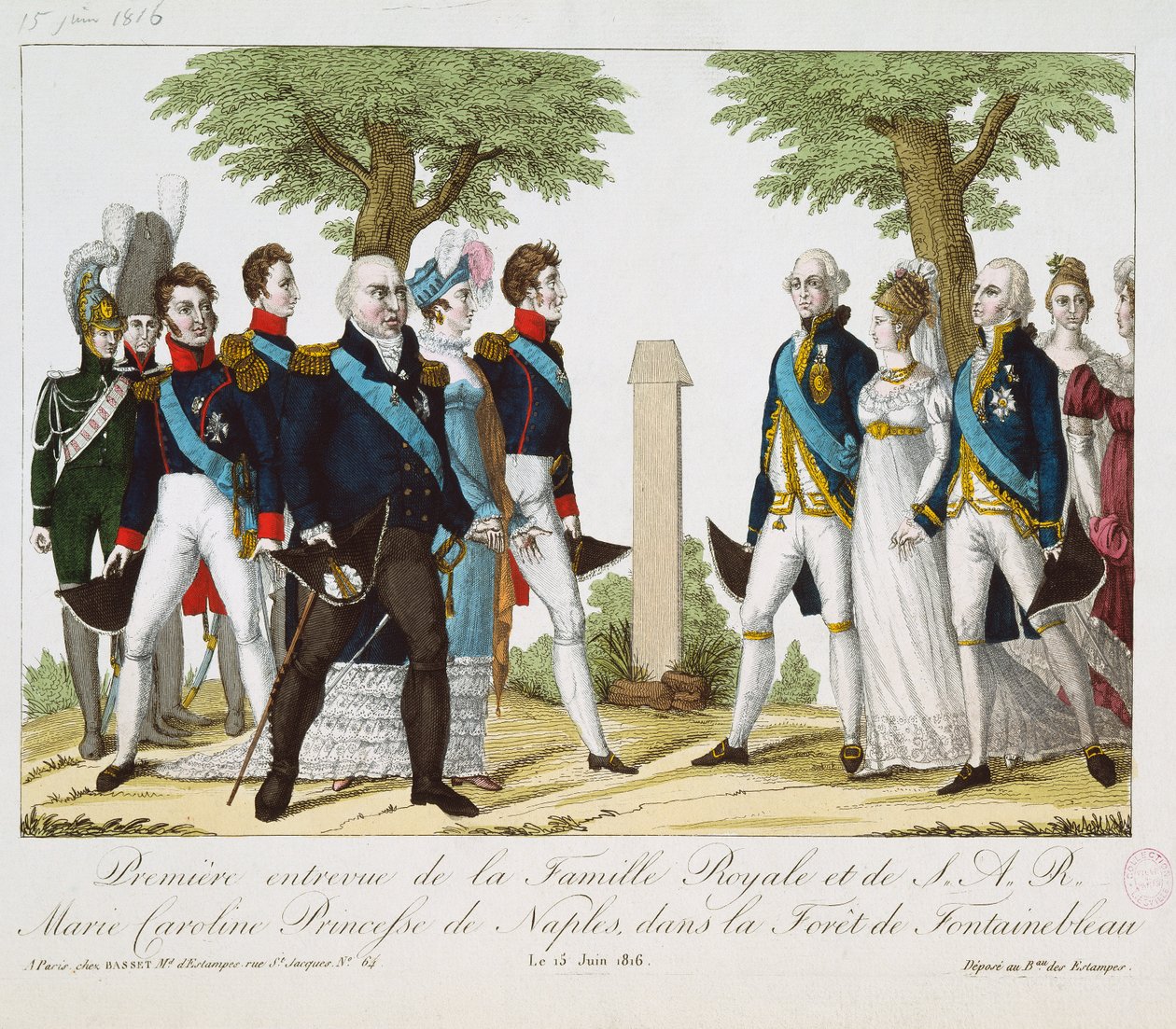 El primer encuentro entre Luis XVIII (1755-1824) y Marie-Caroline-Ferdinande (1798-1870) de Borbón, en la Croix de St. Herem en el bosque de Fontainebleau, 15 de junio de 1816, 1816-30 de French School