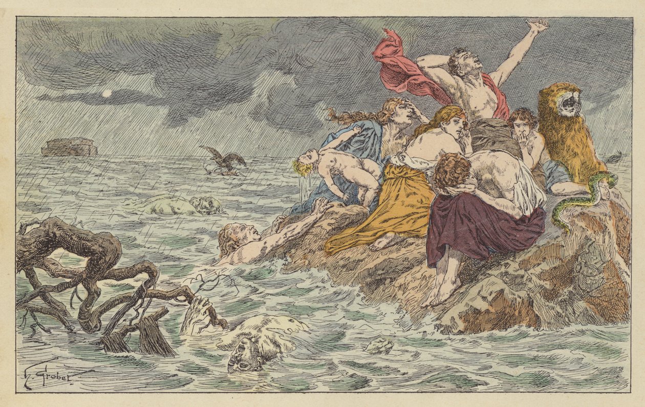 El diluvio (litografía en color) de French School
