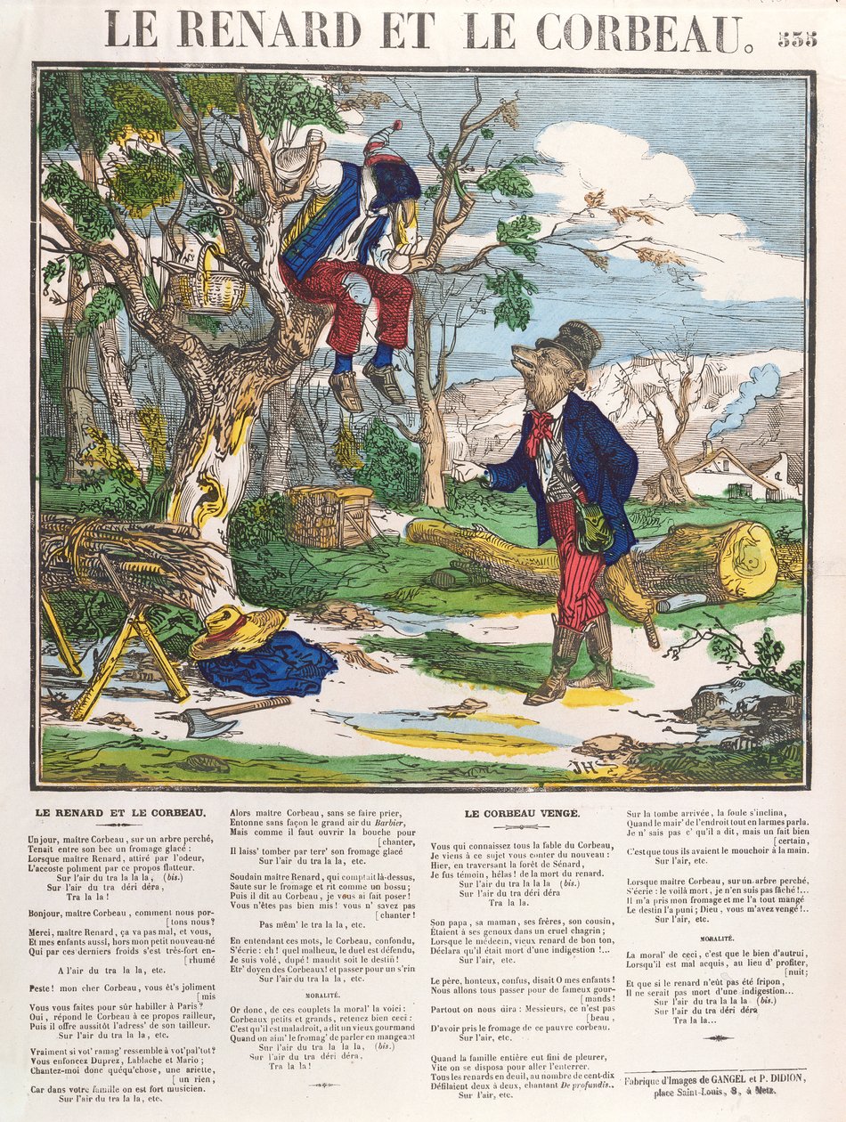 El zorro y el cuervo, c.1840 (grabado en color) de French School