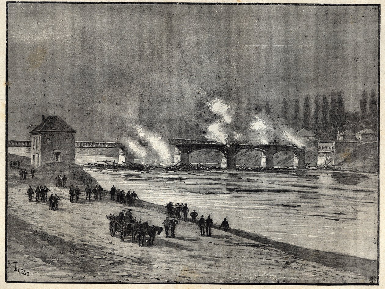 La Guerra Franco-Prusiana - La defensa de París-quema del Puente de Asnieres - Incendio del puente de Asnieres durante el asedio (defensa) de París - Grabado en 