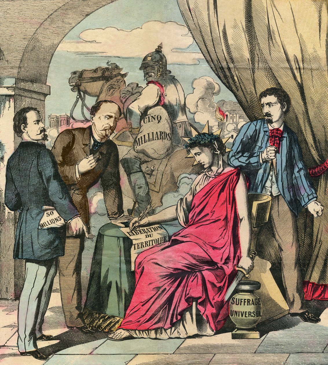El Tratado de Fráncfort firmado el 10 de mayo de 1871 puso fin a la guerra franco-alemana, tras las negociaciones entre Adolphe Thiers y Otto von Bismarck: Francia debía ceder Alsacia y parte de Lorena, y pagar 5.000 millones de francos. Grabado, en "Le Fi de French School