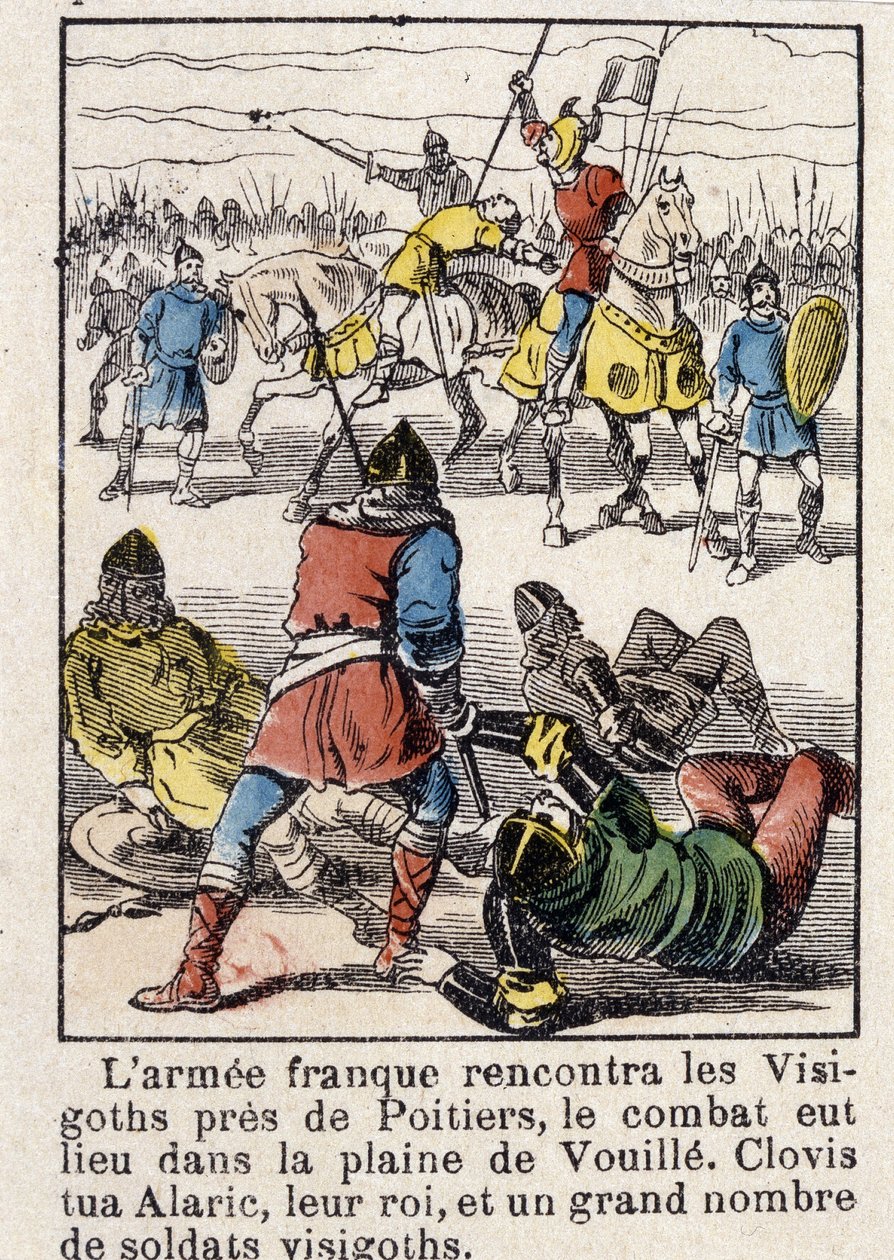 El ejército francés se encontró con los visigodos cerca de Poitiers, la lucha tuvo lugar en la llanura de Vouillé. Clodoveo mató a Alarico, su rey, y a un gran número de soldados visigodos, en 507. de French School