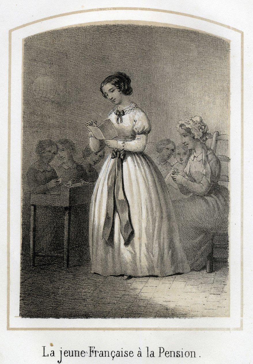 La niña francesa lee a sus compañeras. Grabado anónimo del siglo XIX de French School
