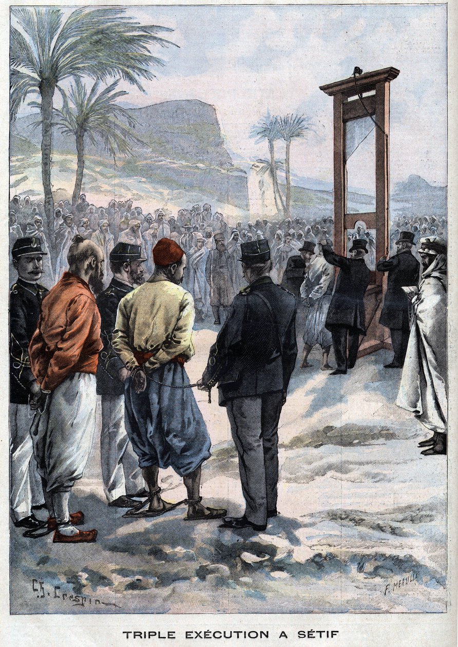 La guillotina francesa tres rebeldes en Setif en Argelia - en "Le Petit Parisien" de French School