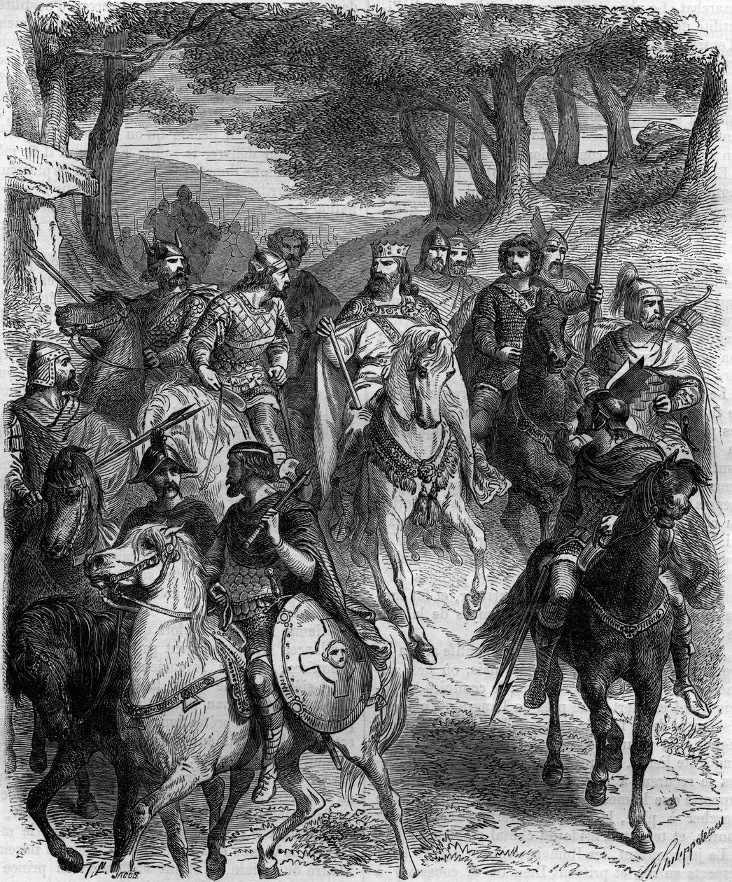 Los señores franceses en la asamblea de Quiercy: el capitulario de Quierzy (artículos fundacionales de la feudalidad por la herencia de honores), promulgado el 14 de junio de 877 en Quierzy sur Oise por Carlos el Calvo para regular el buen funcionamiento d de French School