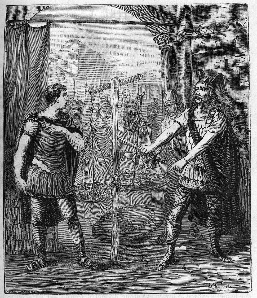 El líder del ejército galo Brennos (Brennus) derrota a los romanos y proclama el "Vae Victis" (¡Ay de los vencidos) de French School