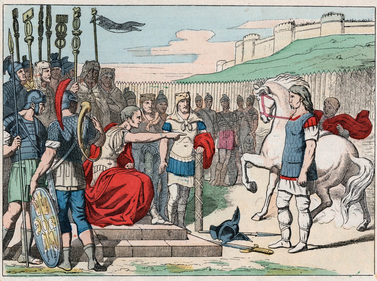El jefe galo Vercingetorix (80-46 a.C.) yendo a Julio César (100-44 a.C.) en Alesia en 52 a.C. - Vercingetorix (72-46 a.C.) líder galo, rindiéndose a César en Alesia (Francia) - Grabado de finales del siglo XIX en “Nos Gires Nationales - Imágenes y relatos de French School