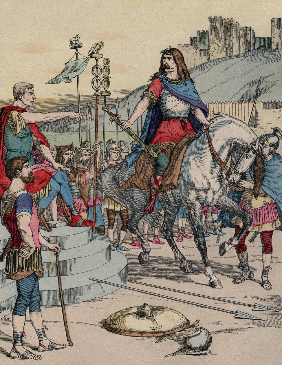 El jefe galo Vercingétorix (72-46 a.C.) rindiéndose al jefe romano Julio César (100-44 a.C.) después de la batalla de Alesia en 52 a.C. de French School