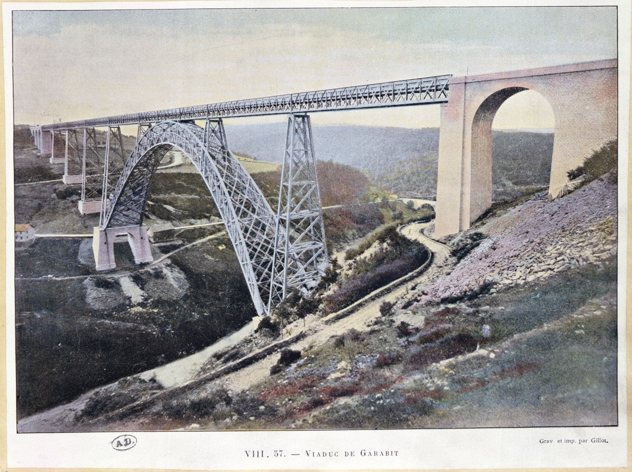 El Viaducto de Garabit, construido 1882-84, impreso por Gillot (fotografía coloreada) de French School