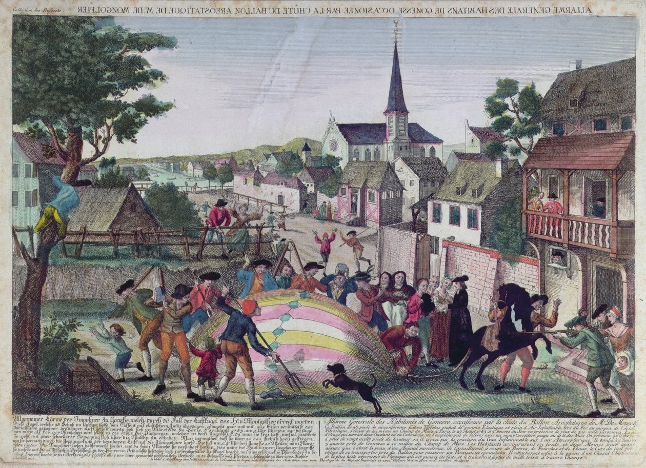 La alarma general de los habitantes de Gonesse causada por el descenso de un globo, 27 de agosto de 1783 de French School