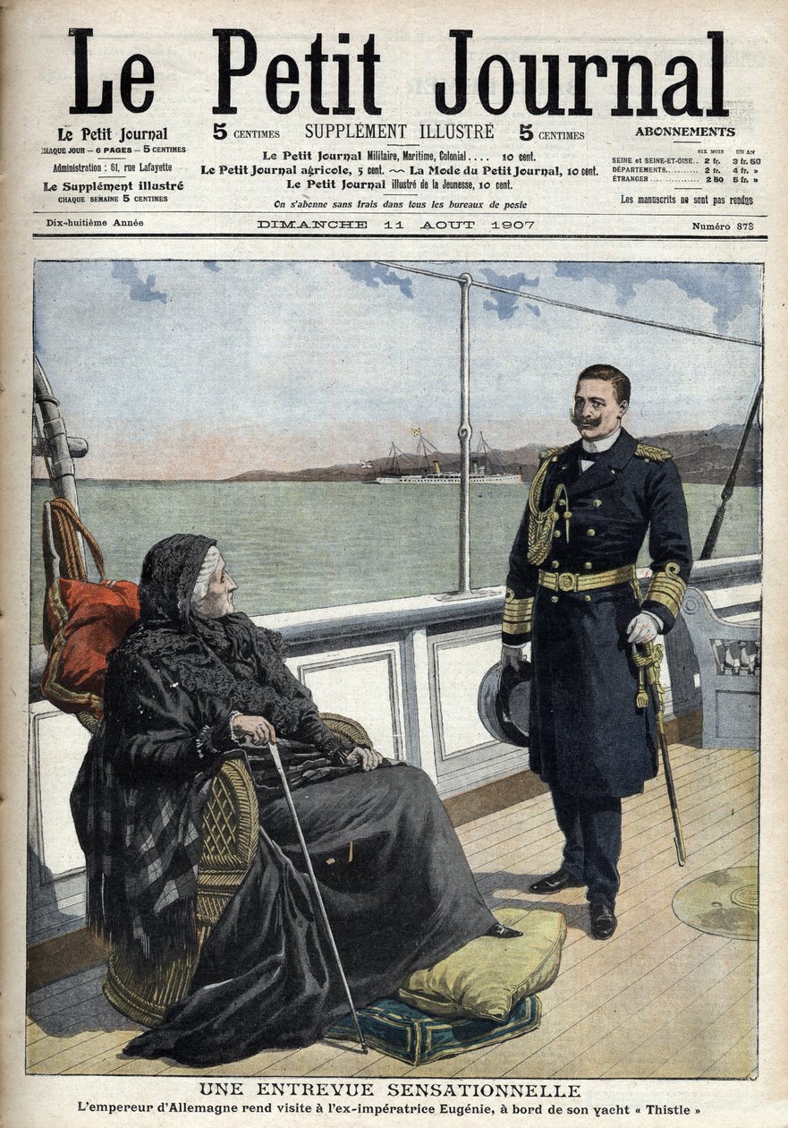 El Emperador Alemán Guillermo II (1859-1941) visitó a la ex emperatriz Eugenia (1826-1920) a bordo de su yate "Thistle", "Le Petit Journal" el 11 de agosto de 1907 (grabado) de French School