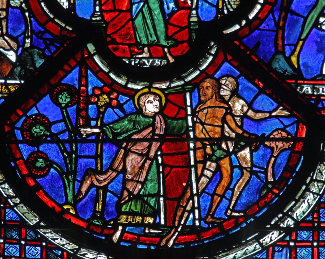La ventana del Buen Samaritano: Adán y Eva expulsados del Paraíso por un ángel con una espada de French School