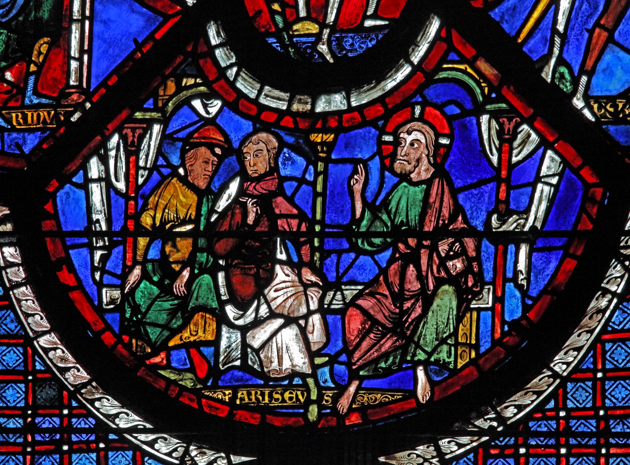 La ventana del Buen Samaritano: Cristo contando la parábola del Buen Samaritano de French School