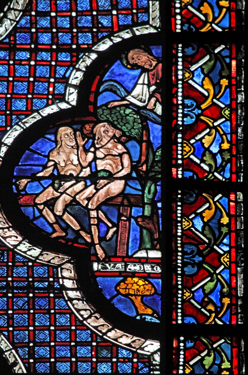 La ventana del Buen Samaritano: Dios llama a Adán y Eva (con hojas de higuera) de French School