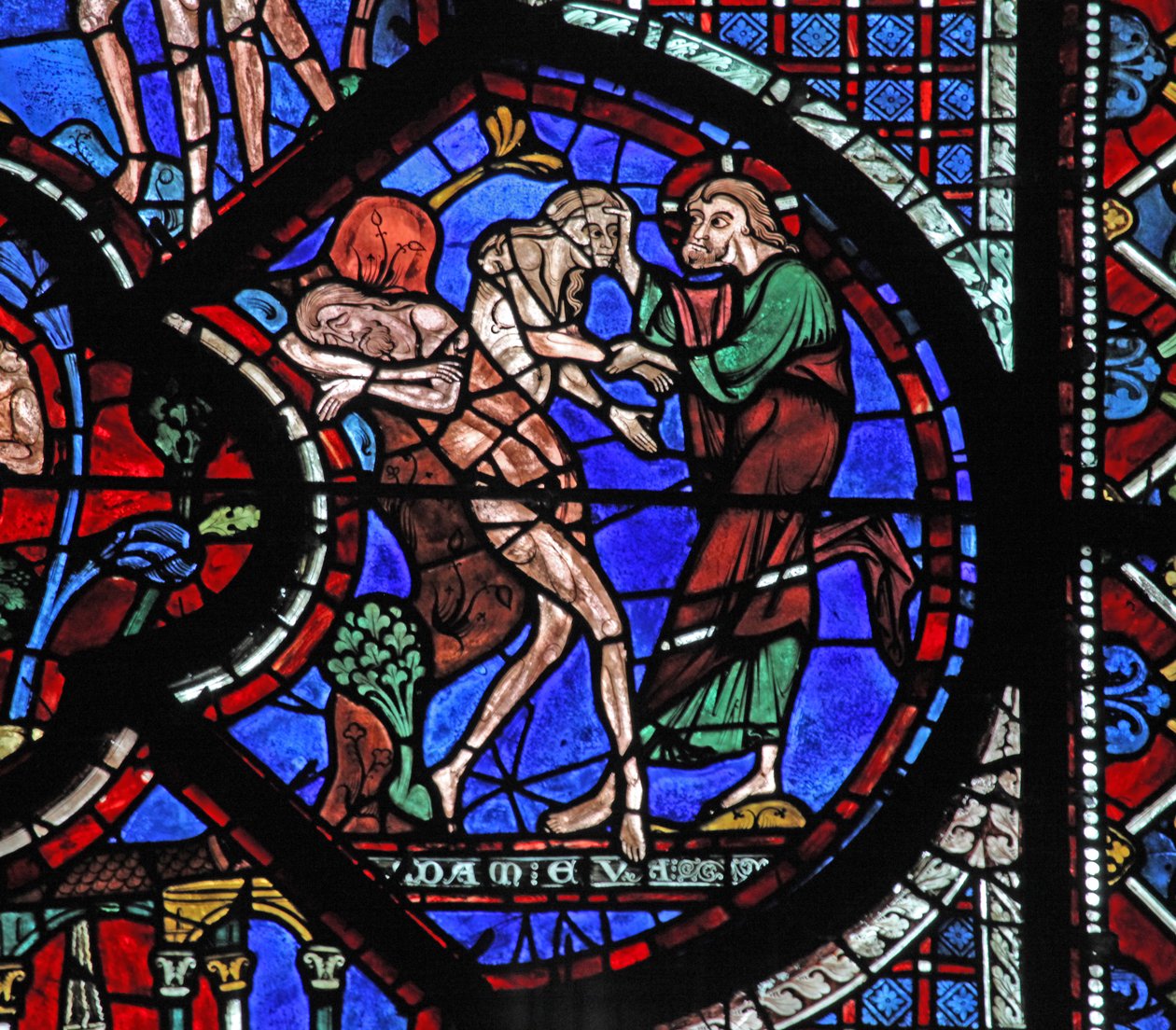 La ventana del Buen Samaritano: Dios crea a la mujer de la costilla de Adán dormido de French School