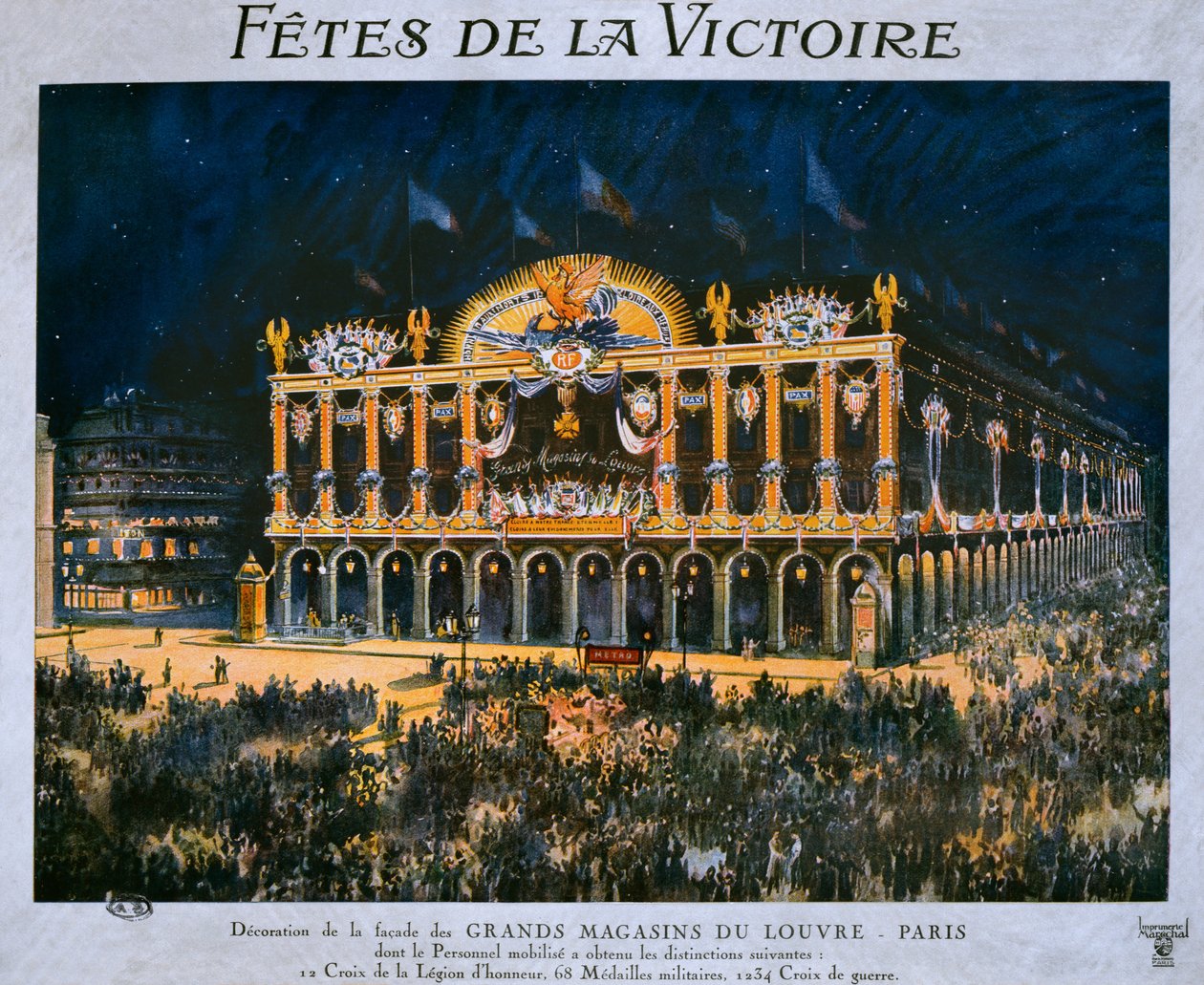 Los Grandes Almacenes del Louvre decorados para la celebración de la Victoria de 1918, 14 de julio de 1919 de French School