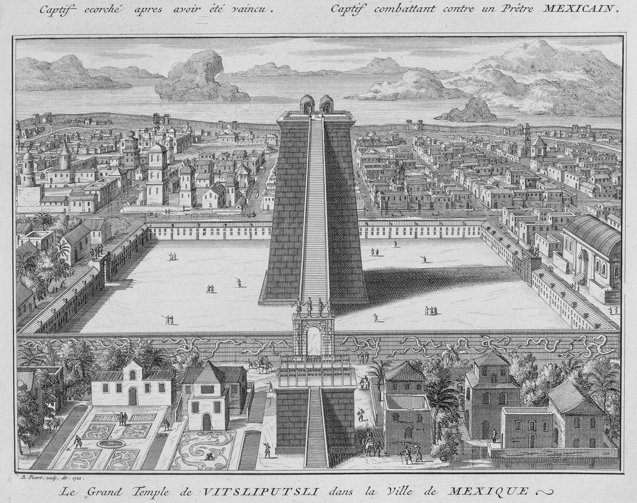 El Gran Templo de Vitsliputsli en la Ciudad de México, ilustración de Ceremonias y Costumbres Religiosas, grabado por Bernard Picart 1722 de French School
