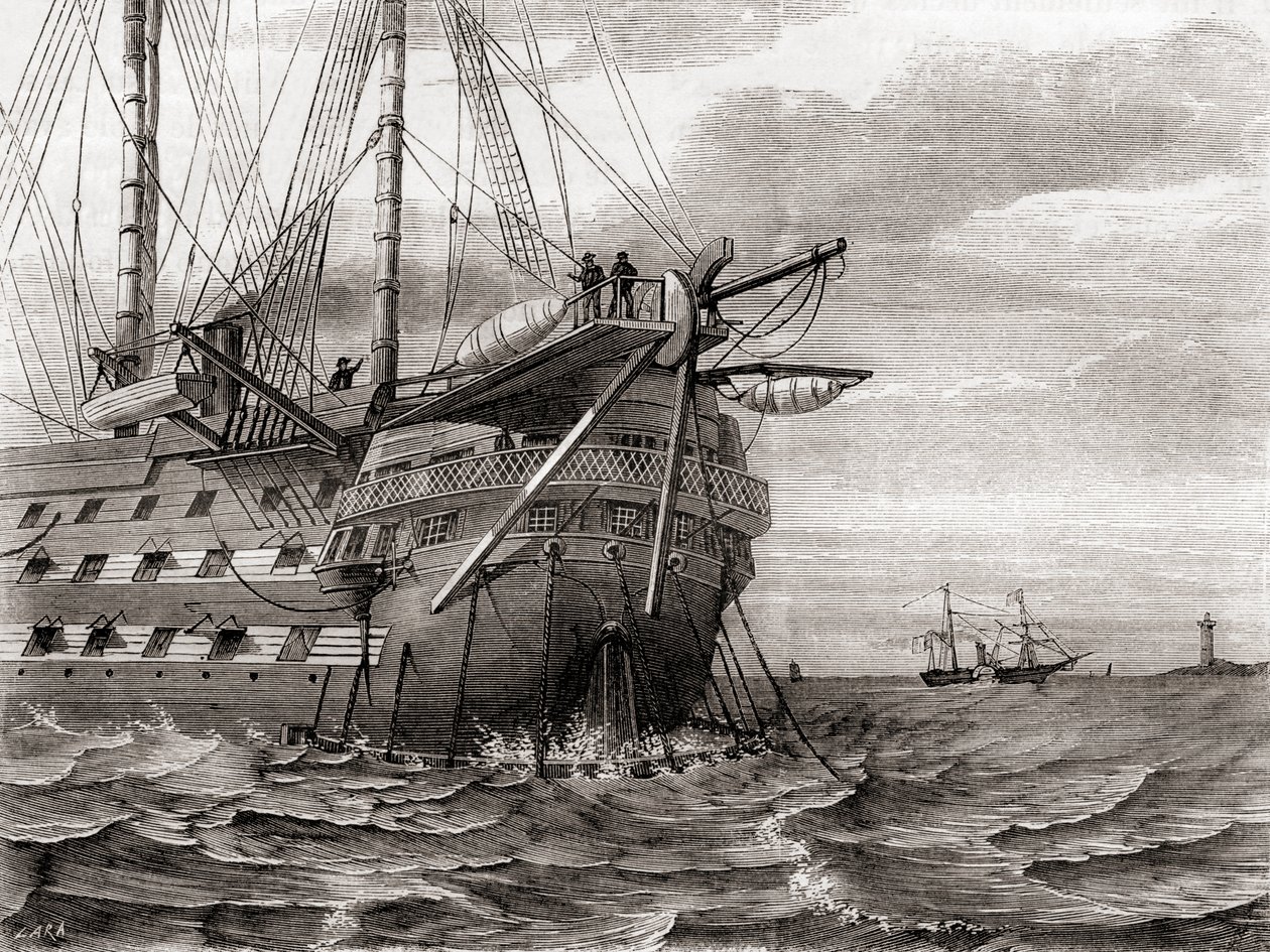 El HMS Agamemnon tendiendo el cable telegráfico transatlántico, 2 de agosto de French School