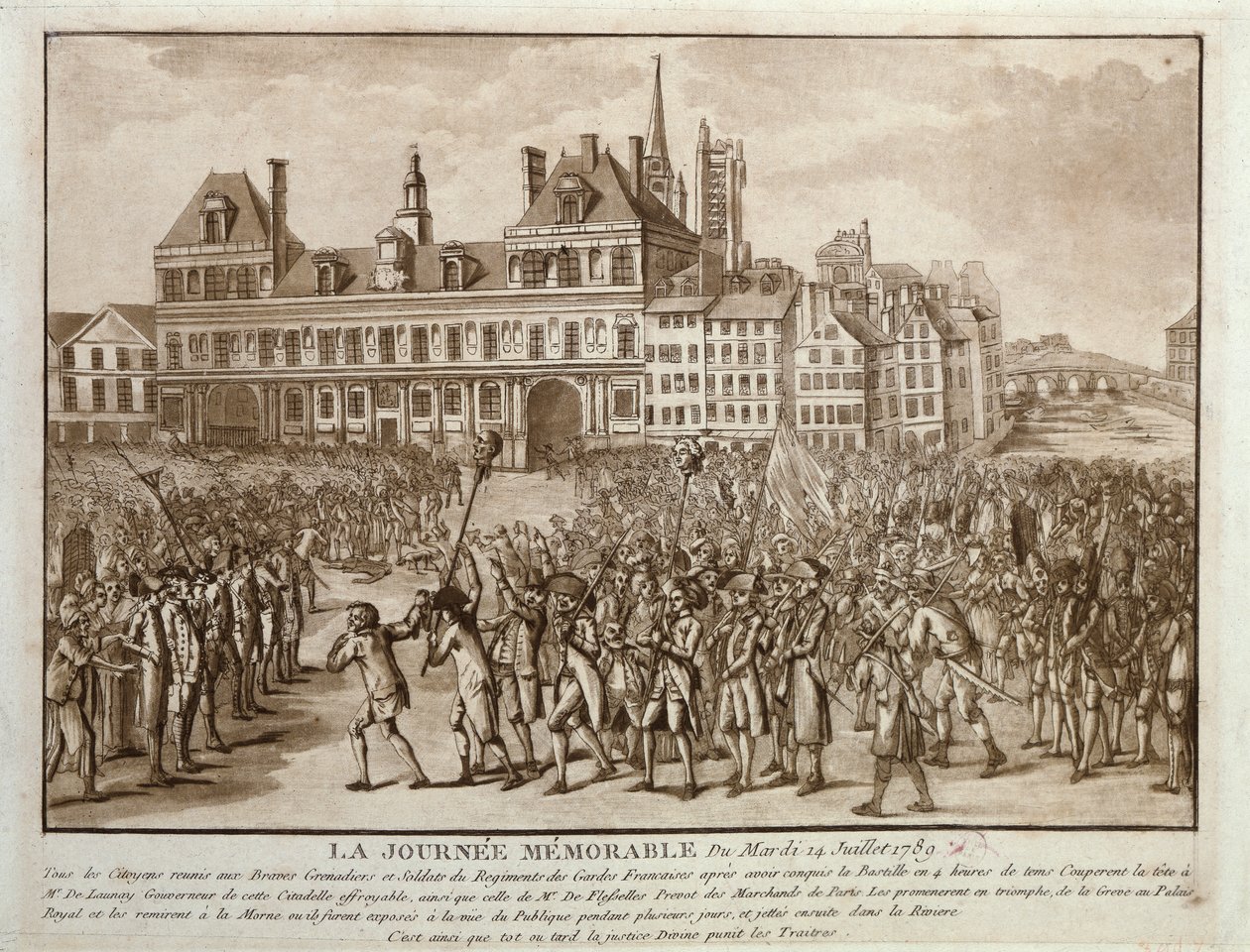 Las cabezas de Launay y Flesselles paseadas ante el Hôtel de Ville, 14 de julio de 1789 de French School
