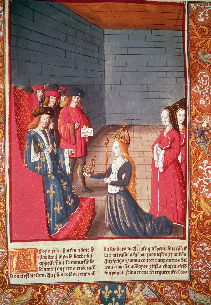 La Santa Emperatriz Richilde de Provenza en Compiegne presentando a Luis el Tartamudo la corona y el cetro que habían pertenecido a su padre Carlos II 