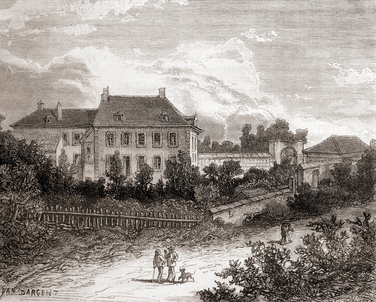 La casa de Gras, cerca de Chalon-sur-Saône, Francia, donde el inventor francés Nicéphore Niépce desarrolló la heliografía, de Les Merveilles de la Science, publicado hacia 1870 (grabado). de French School