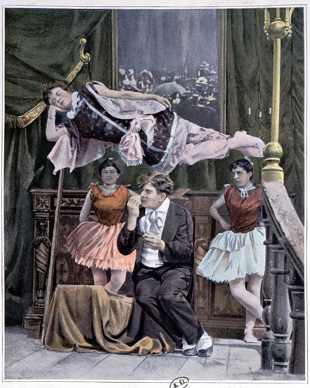 El ilusionista y su truco de levitación, finales del siglo XIX de French School