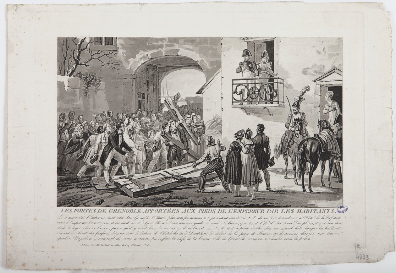 Los habitantes depositando las puertas de Grenoble a los pies del emperador, 6 de marzo de 1815, publicado por Martinet, 1815 de French School