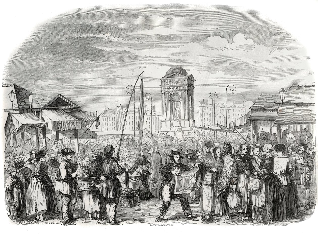 Los Inocentes marchan en París con la fuente - Grabado en “Tableau-de-Paris” por Edmond Texier 1852 de French School