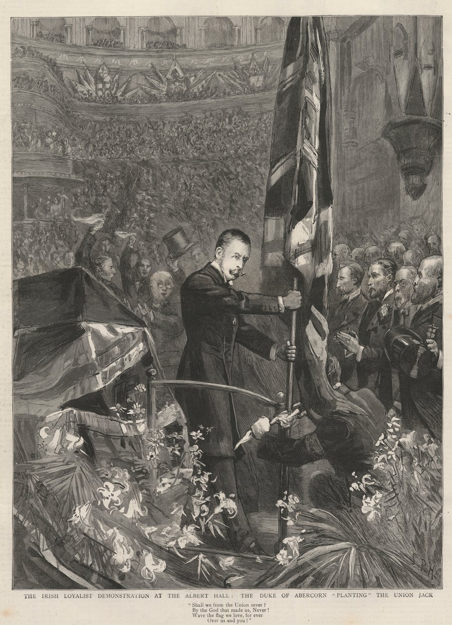 La manifestación lealista irlandesa en el Albert Hall, Londres, 1893: el Duque de Abercorn (James Hamilton) (1811-1885) plantando la Union Jack de French School