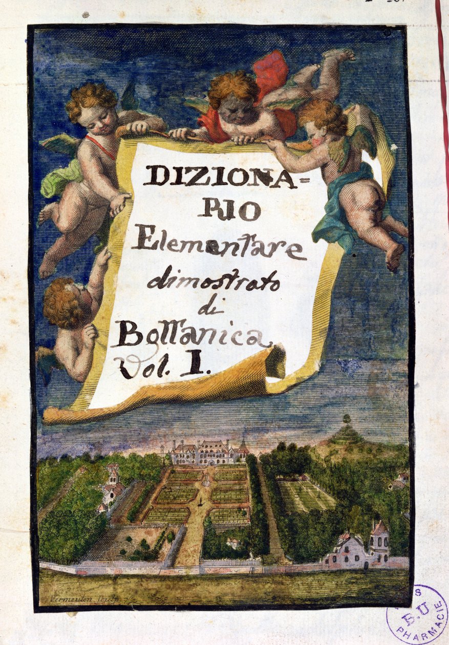 El Jardín de Plantas en París, frontispicio de Dizionario Elementare dimostrato di Bottanica, volumen I Istitutiones Rei Herbariae, por Joseph Pitton de Tournefort (1656-1708), publicado en París de French School