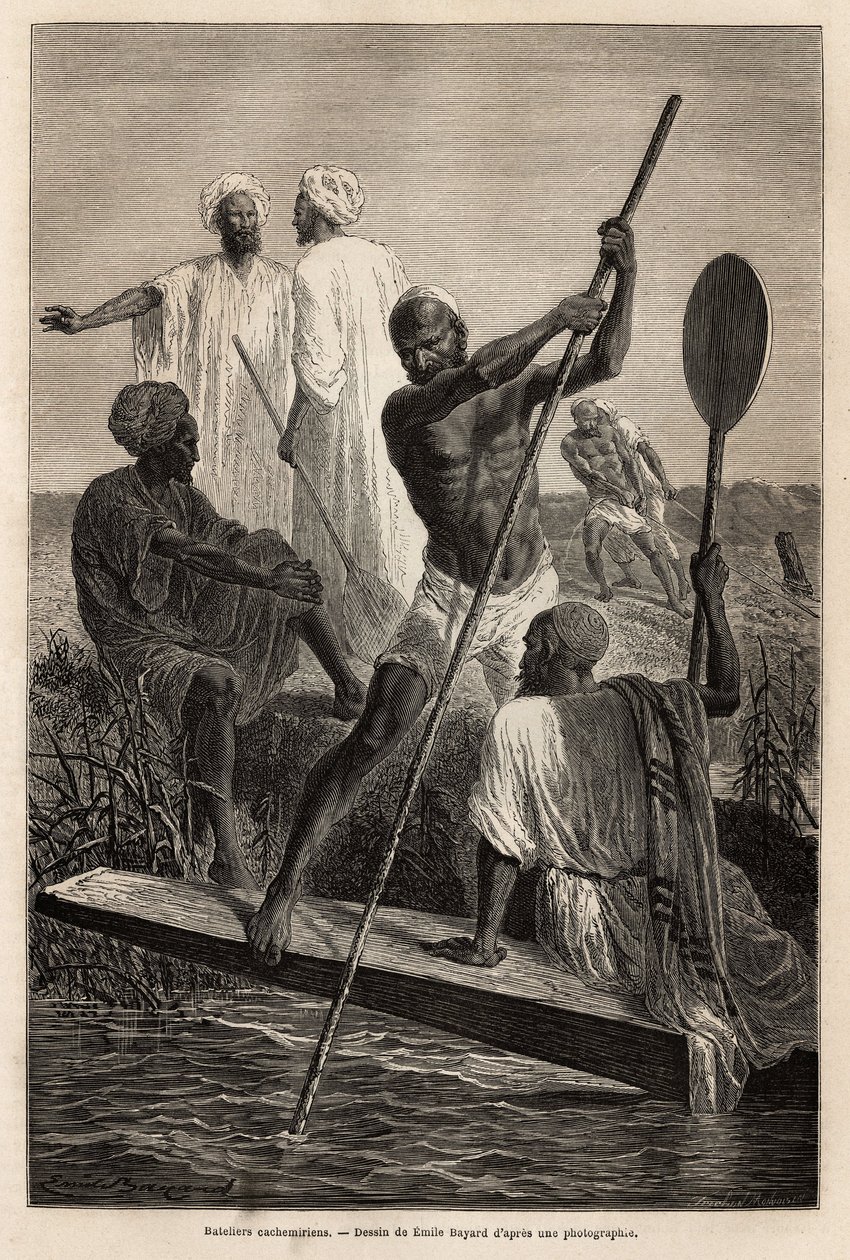 Los barqueros de Cachemira, en las cercanías de Srinagar, en pleno trabajo - Grabado para ilustrar la historia de Panyab y Cachemira, por Guillaume Lejean en 1866, publicado en “Le tour du monde” 1870-1871, editado por Edouard Charton, edición Hachette de French School