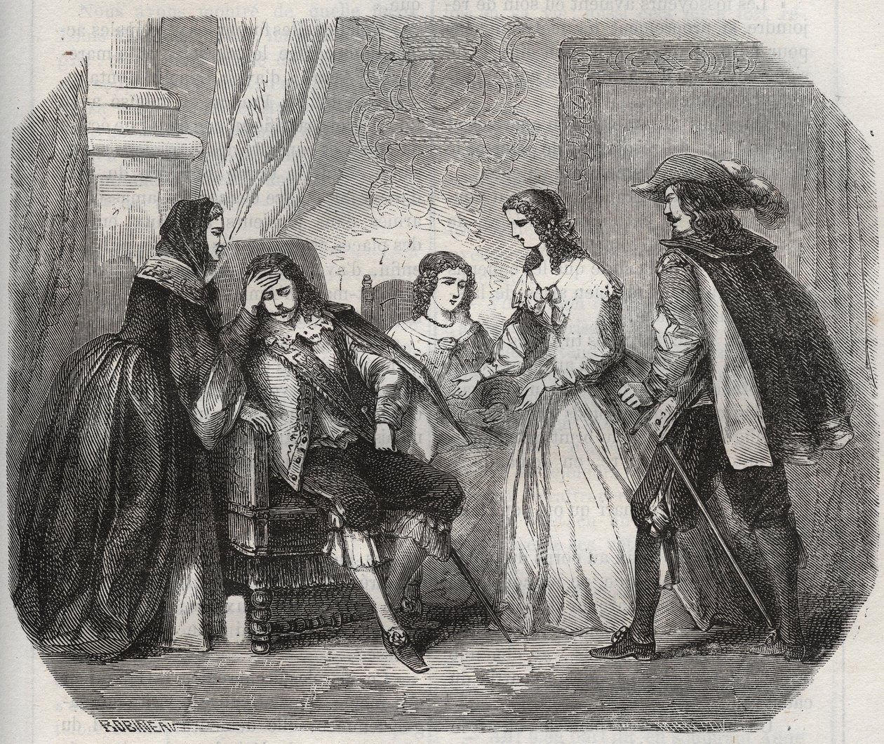 El Rey de Francia Luis XIII (1601-1643) es atrapado con migraña cuando habla con la Reina Ana de Austria (1601-1666). Grabado de 1871 en "Histoire Des Cocus Celebres" de Henry de Kock (1819-1892) de French School