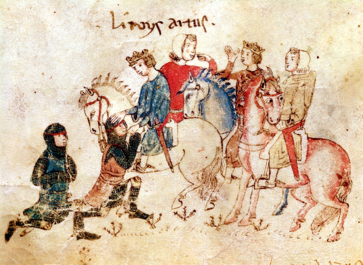 Los caballeros Esclabor y Arphasar ofrecen sus servicios al Rey Arturo, del Roman de Meliadus de French School