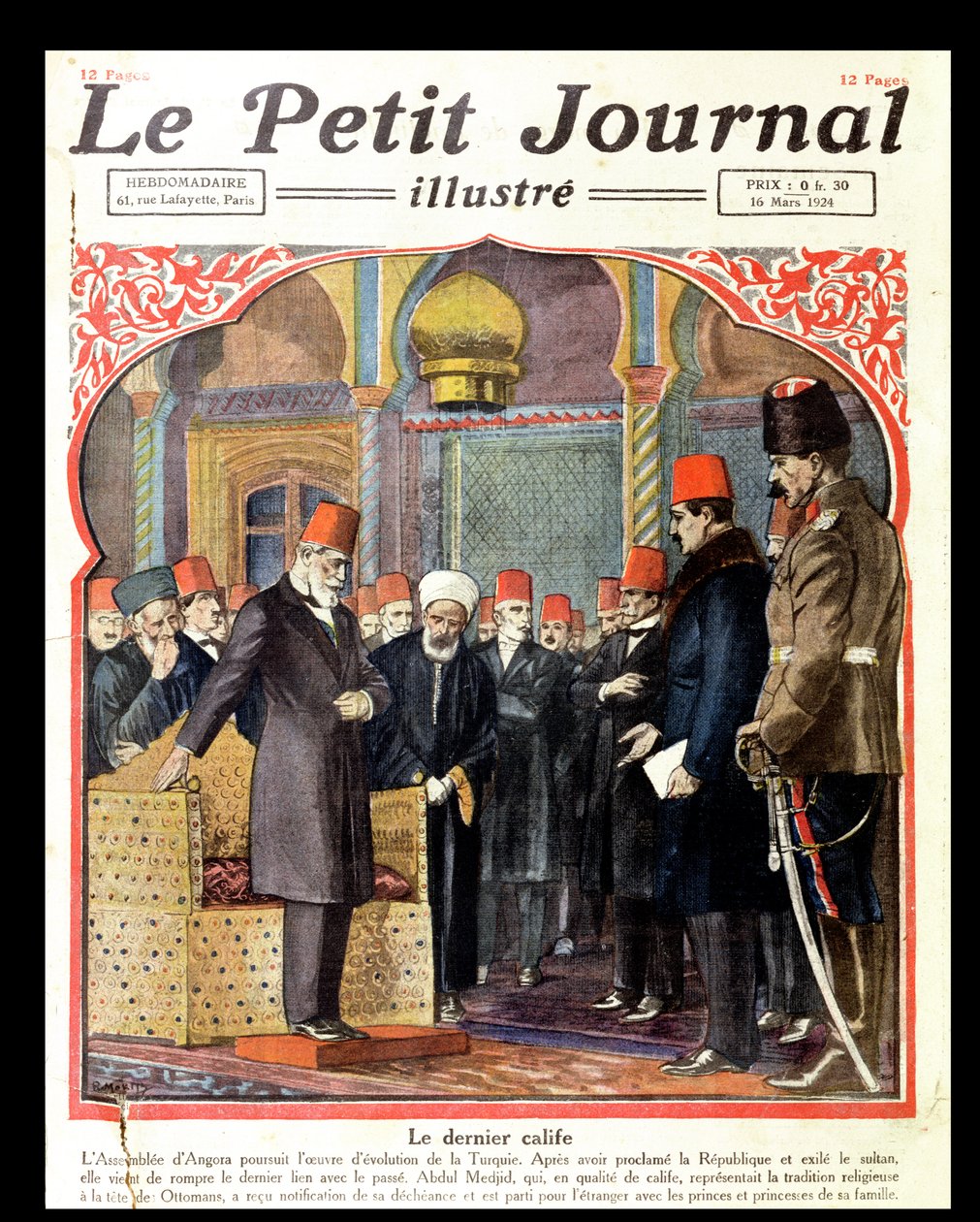 El último califa, Abdul Majid II (1868-1944) depuesto del trono por la Asamblea de Ankara, de Le Petit Journal, 1924 de French School