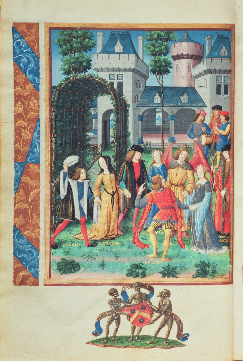 El Jardín Mágico, con figuras alegóricas de Cortesía, Amor, Belleza y Liberalidad, del Roman de la Rose de French School