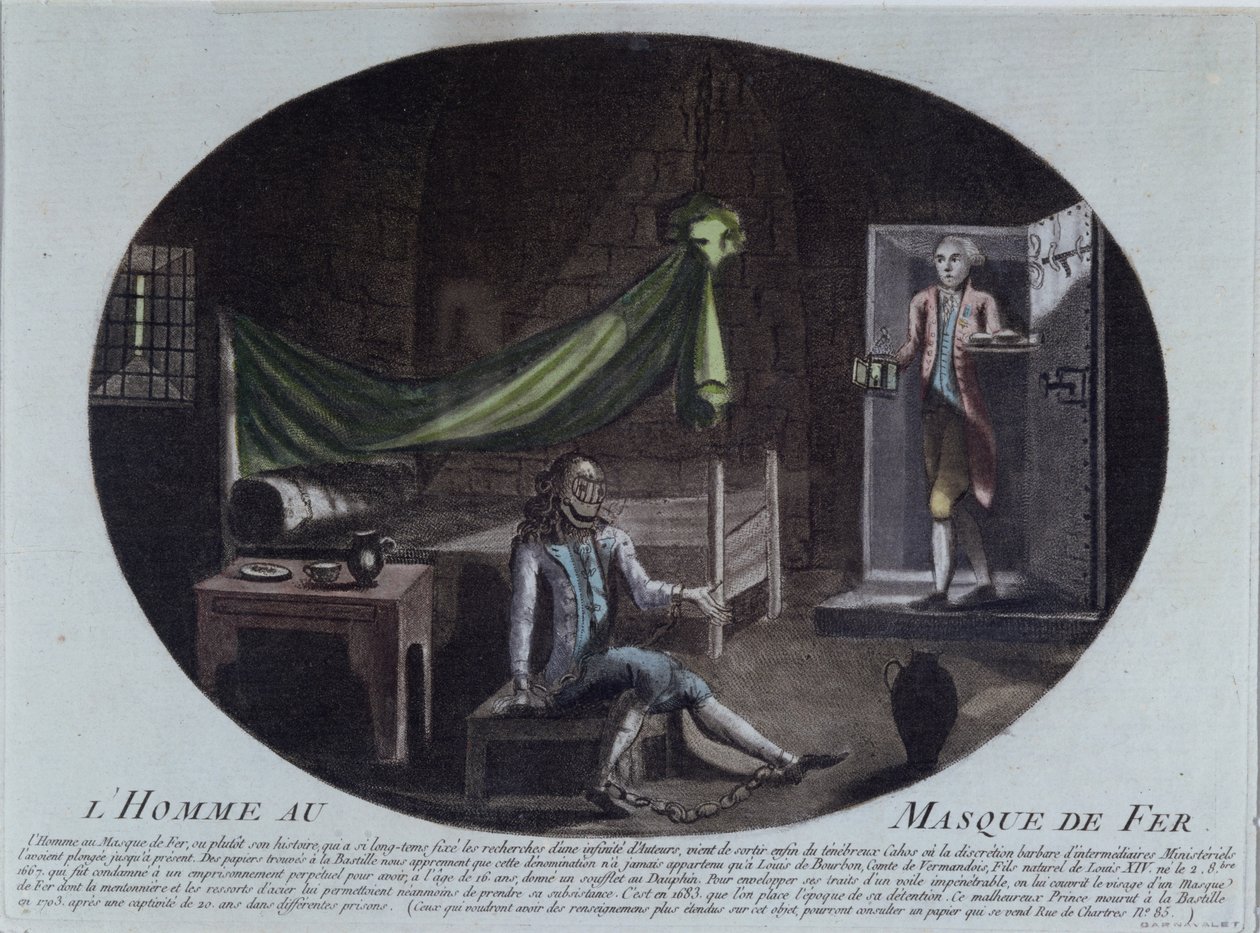 El Hombre de la Máscara de Hierro (m.1703) encarcelado en la Bastilla, impresión de 1789-90 que lo identifica como Luis de Borbón, Conde de Vermandois, hijo de Luis XIV (1638-1715) y Louise de la Vallière de French School