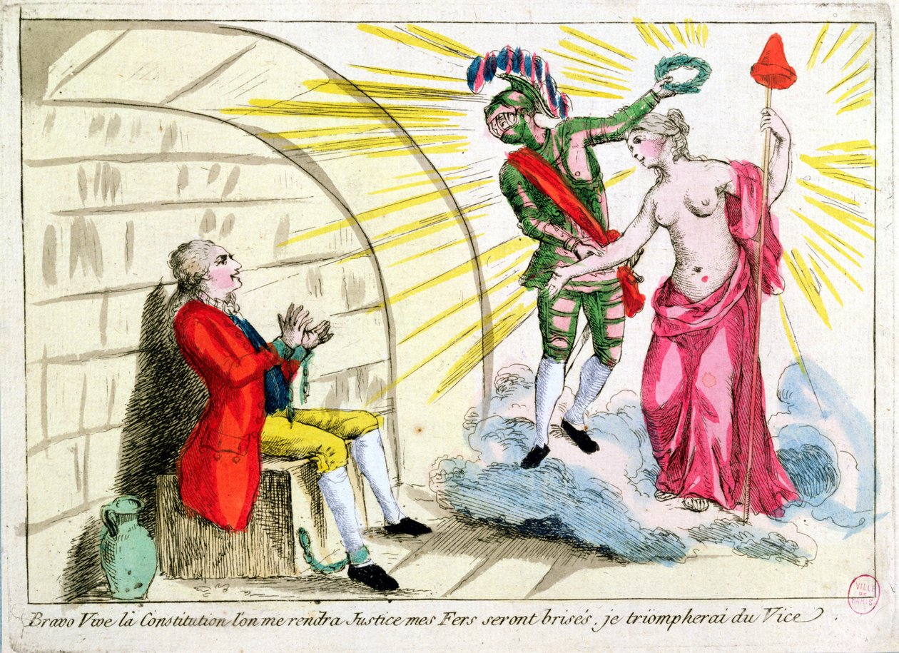 El Hombre de la Máscara de Hierro liberado por la Revolución, representación alegórica de la Constitución Francesa de French School